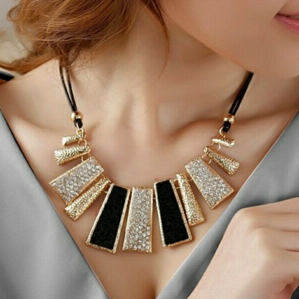 Statement bib necklace black crystal gold cord